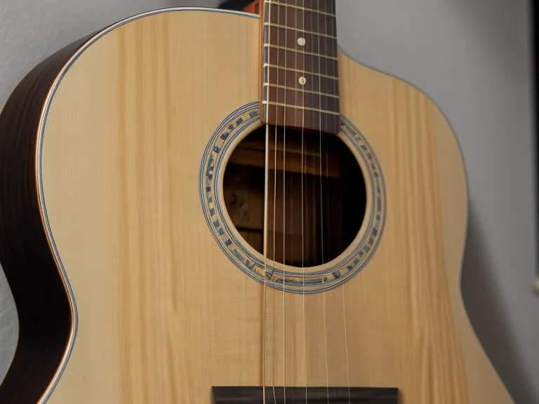 Escritorio de práctica con afinador, púa y cuaderno de acordes para aprender guitarra acústica en casa