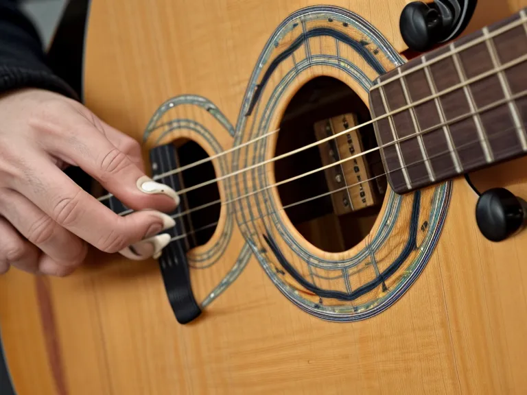 Guitarrista adulto siguiendo una lección estructurada de guitarra en tableta, método tipo Guitarra Master
