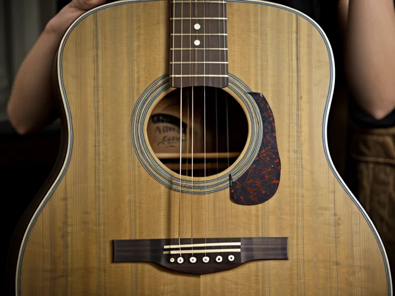 Guitarra acústica apoyada en una banca de iglesia de madera en Querétaro, lista para acompañar música de adoración