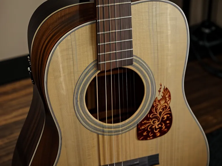 Aplicación móvil para afinar guitarra acústica mostrando el indicador verde de afinación correcta, herramienta común del principiante adulto