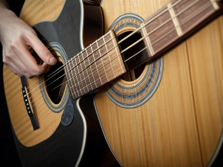 Detalle de una mano de principiante adulto ajustando la clavija de una guitarra acústica para afinar antes de tocar en la iglesia