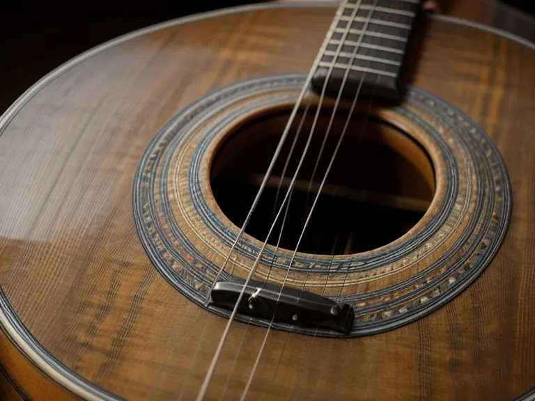 Guitarra acústica en primer plano con una iglesia pequeña de fondo, lista para acompañar música de iglesia