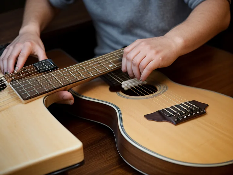 Detalle de la cejuela de una guitarra acústica bajo luz de lectura en un rincón de práctica para principiantes
