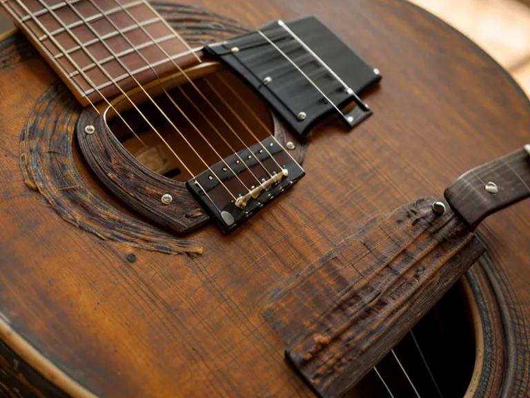 Primer plano de cuerdas de guitarra acústica oxidadas que ya necesitan mantenimiento