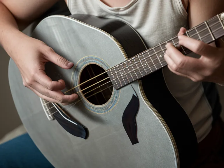 Principiante tocando su guitarra acústica con cuerdas nuevas después del mantenimiento