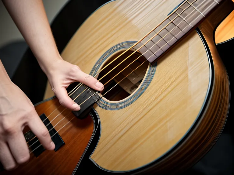 Primer plano de las cuerdas de acero de una guitarra acústica mostrando la tensión que exige la técnica básica de la mano izquierda