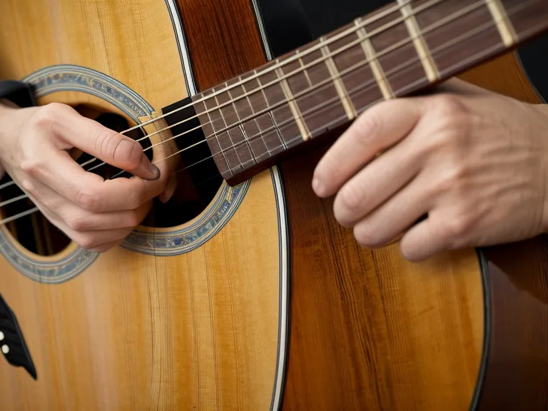 Detalle de la mano de un guitarrista adulto apretando demasiado fuerte el mástil de la guitarra acústica, un error común de técnica básica