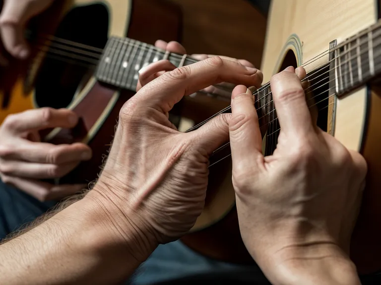 Guitarra acústica apoyada junto a una banca de iglesia, la meta de aprender guitarra siendo adulto para el coro