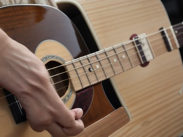 Primer plano de dedos de un principiante armando el acorde abierto de Do mayor en una guitarra acústica