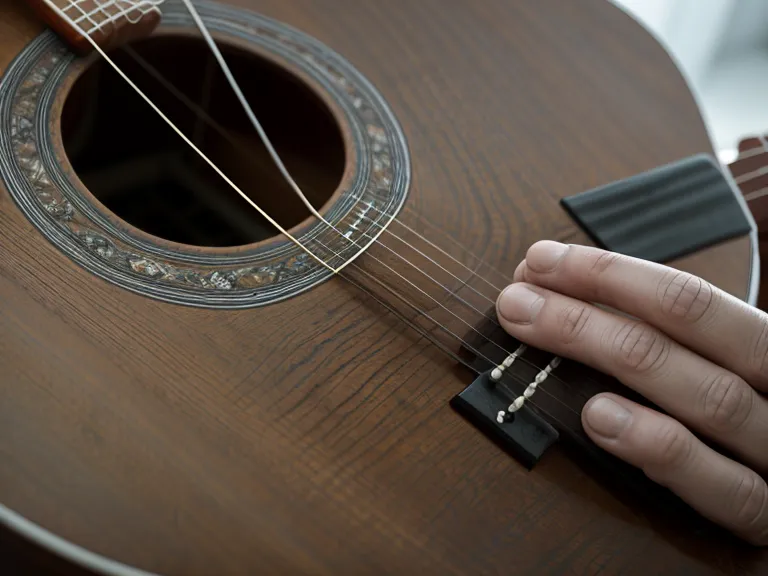 Primer plano de cuerdas de guitarra acústica oxidadas y con polvo acumulado