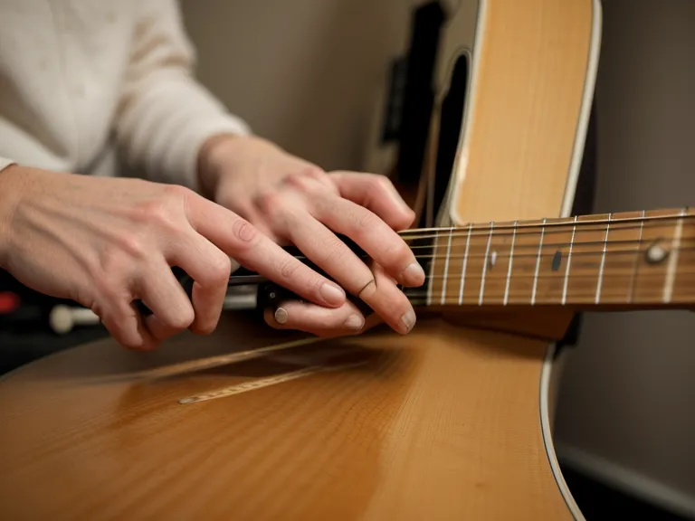 Mano de un principiante adulto formando un acorde en el diapasón de una guitarra acústica barata, practicando rasgueo básico