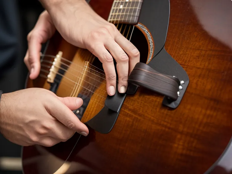 Mano de un principiante presionando las cuerdas cerca del diapasón mientras encorva la espalda por mala postura de guitarra