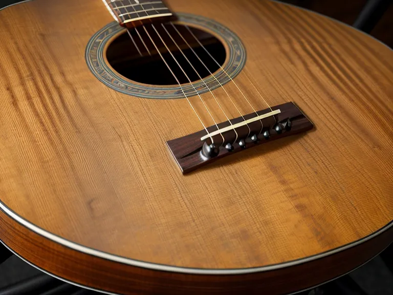 Cuerdas de guitarra acústica y yema del dedo anular marcada tras practicar el cambio de acordes
