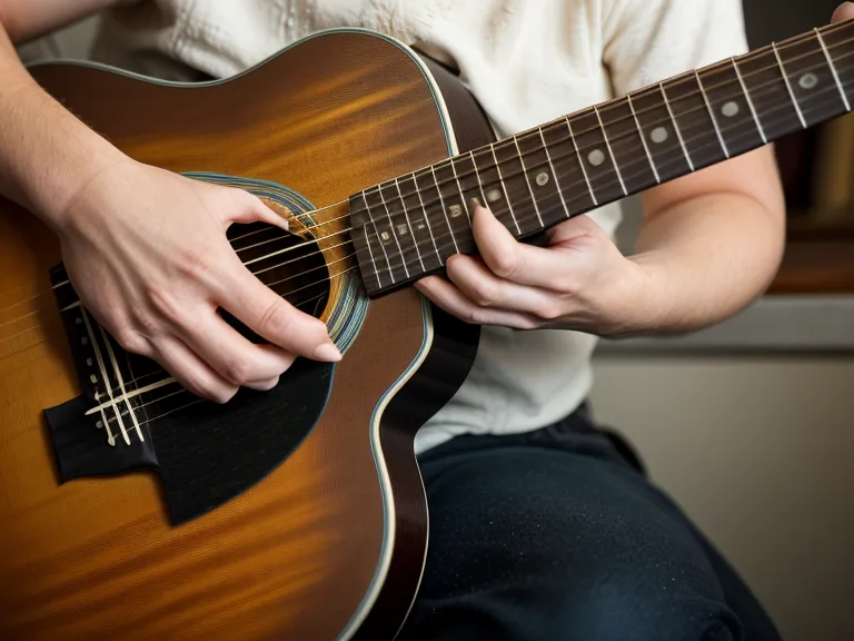 Guitarra acústica apoyada junto a una banca de iglesia antes de tocar música cristiana