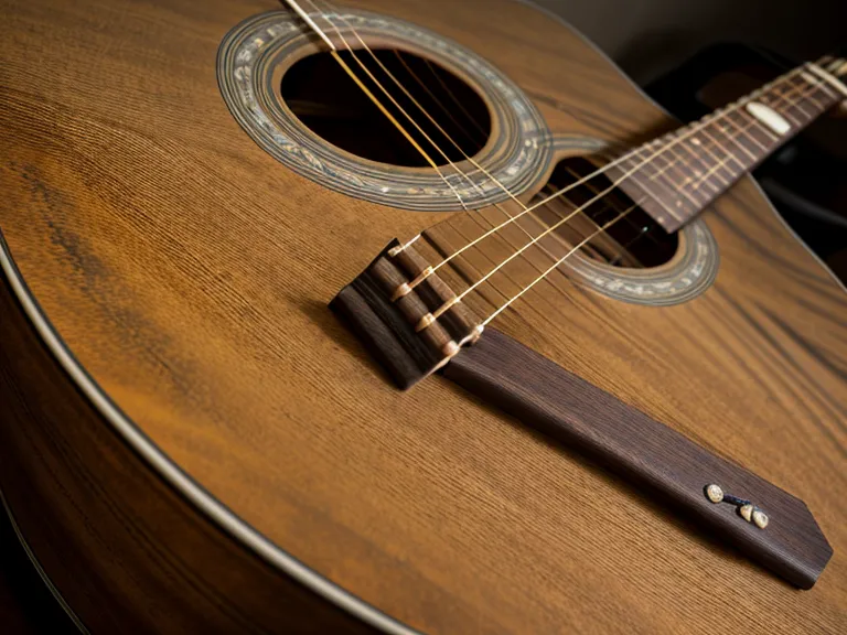 Guitarra acústica en reposo después de practicar acordes con cejilla para aprender guitarra en casa