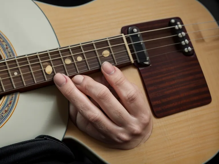 Primer plano de la boca de una guitarra acústica con una tira de tela amortiguando las cuerdas cerca del puente