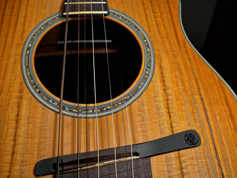 Afinador digital en el clavijero de una guitarra acústica marcando 440 Hz en la oscuridad