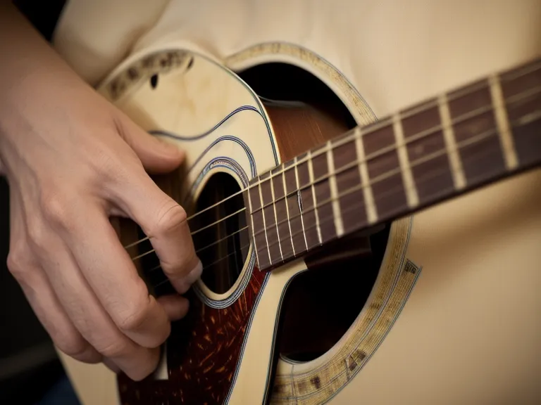 Mano de un principiante adulto intentando la cejilla completa del acorde de Fa en guitarra acústica