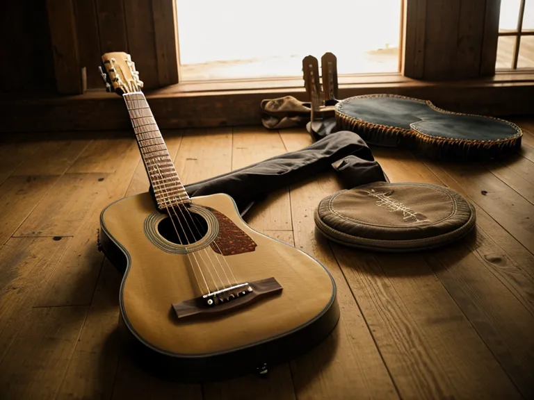 Guitarra acústica reposando en una banca de madera antes de tocar en la música de la iglesia