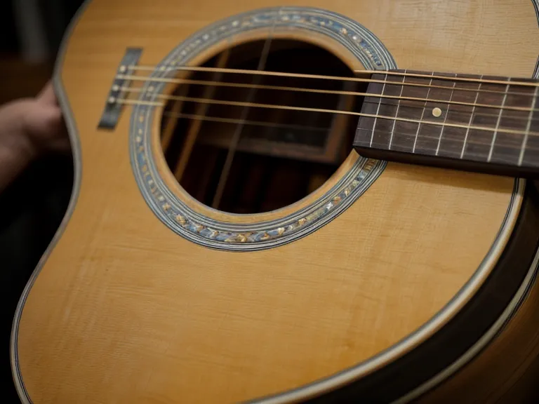Detalle de la cejuela de una guitarra acústica mostrando los surcos de las cuerdas