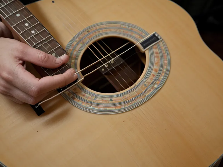guitarra acústica de principiante adulto: yemas presionando cuerdas de acero durante el rasgueo básico