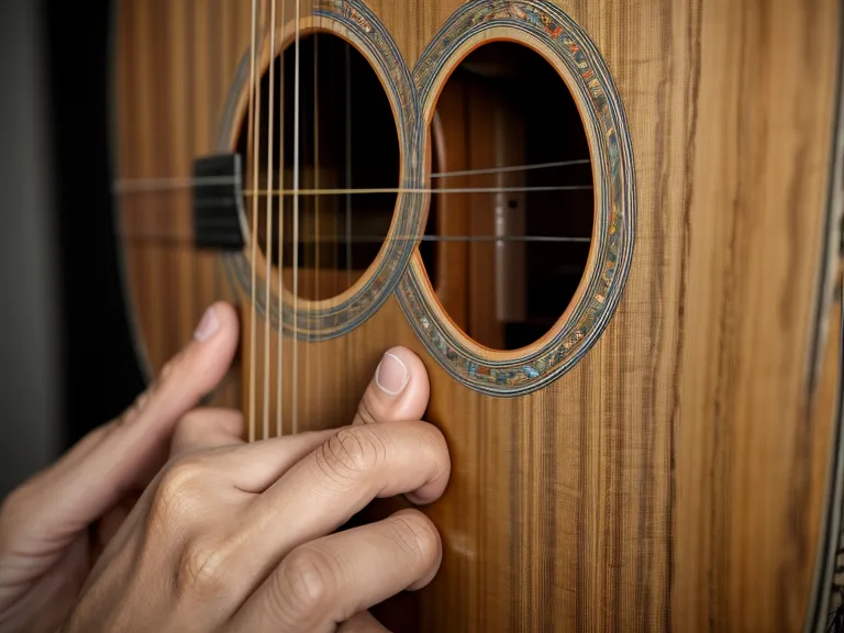 Detalle de un capotraste colocado en el mástil de una guitarra acústica para tocar canciones de iglesia con acordes básicos.