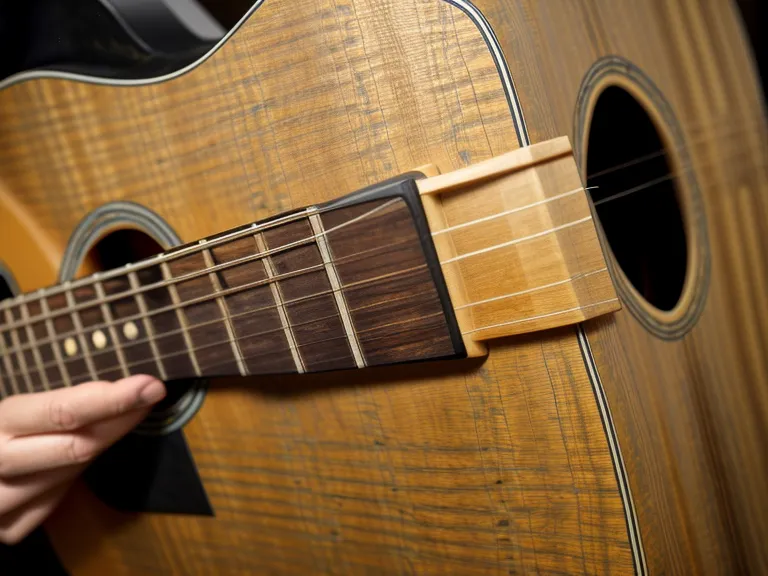 Mano ejecutando un rasgueo básico en las cuerdas de la guitarra acústica