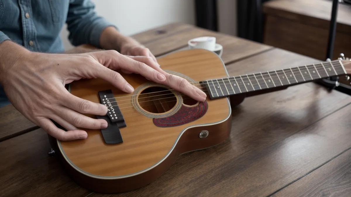 Guitarra acústica de un principiante adulto en casa, lista para acompañar ritmos de alabanza en la iglesia