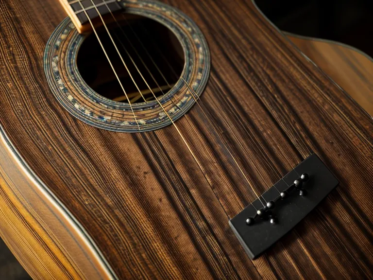 Guitarra acústica recostada en una banca de madera de iglesia, lista para acompañar alabanzas