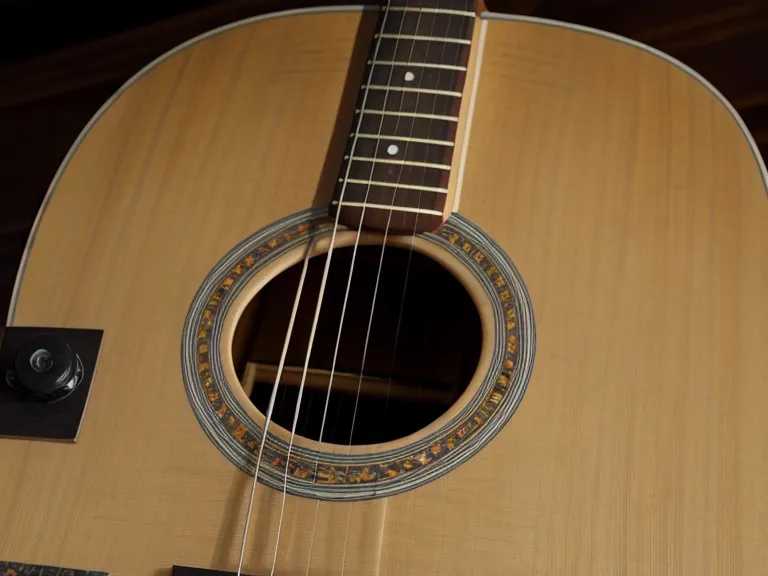 Guitarra acústica con el capo guardado en el clavijero, recostada en un rincón de la iglesia durante un ensayo de música cristiana
