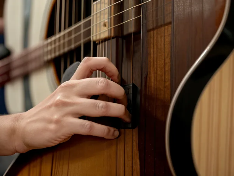 Mano de un principiante adulto tocando un acorde abierto con el capo puesto en el cuarto traste de una guitarra acústica