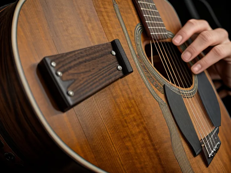 Guitarra acústica colgada junto a la puerta, ejemplo de por qué trastea el sonido metálico en acordes de principiante