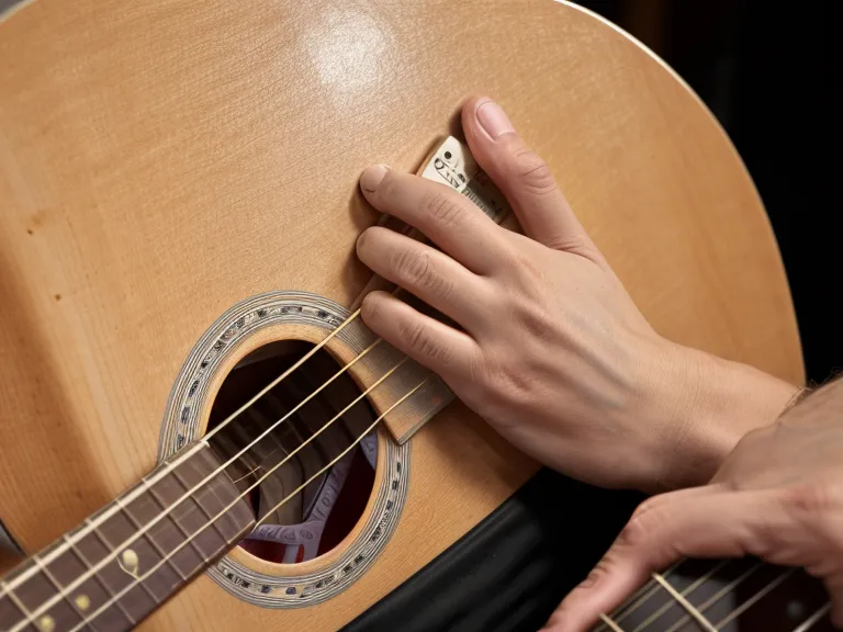 Mano de un principiante formando el acorde de Sol mayor en una guitarra acústica, técnica básica de acordes.