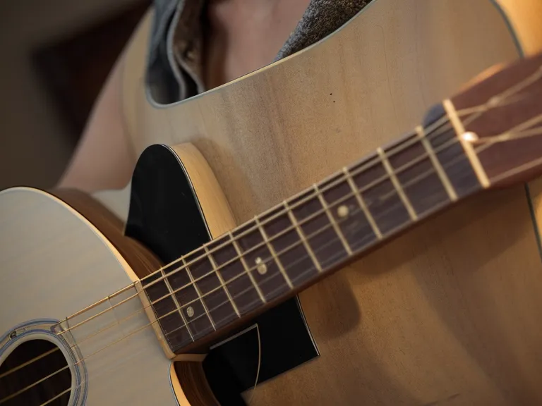 Púa de guitarra sobre las cuerdas de una guitarra acústica económica, parte de la rutina de práctica de un adulto principiante.