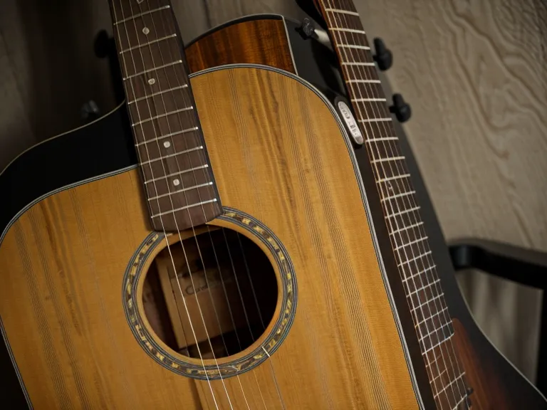 Guitarra acústica descansando contra silla de madera, escena de práctica de guitarra acústica para adultos
