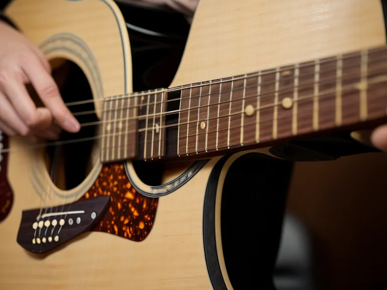Guitarra acústica apoyada junto a una silla, lista para practicar ritmos de rasgueo para canciones de iglesia