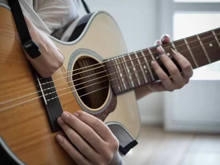 Primer plano de una mano rasgueando una guitarra acústica en un patrón básico, con polvo de púa sobre las cuerdas