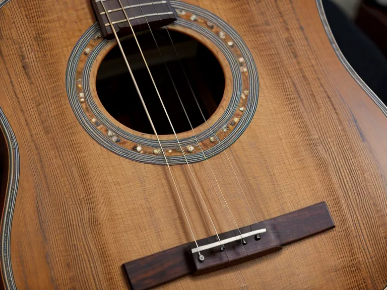 Guitarra acústica económica recargada junto a un cancionero de música cristiana para el coro de la iglesia.
